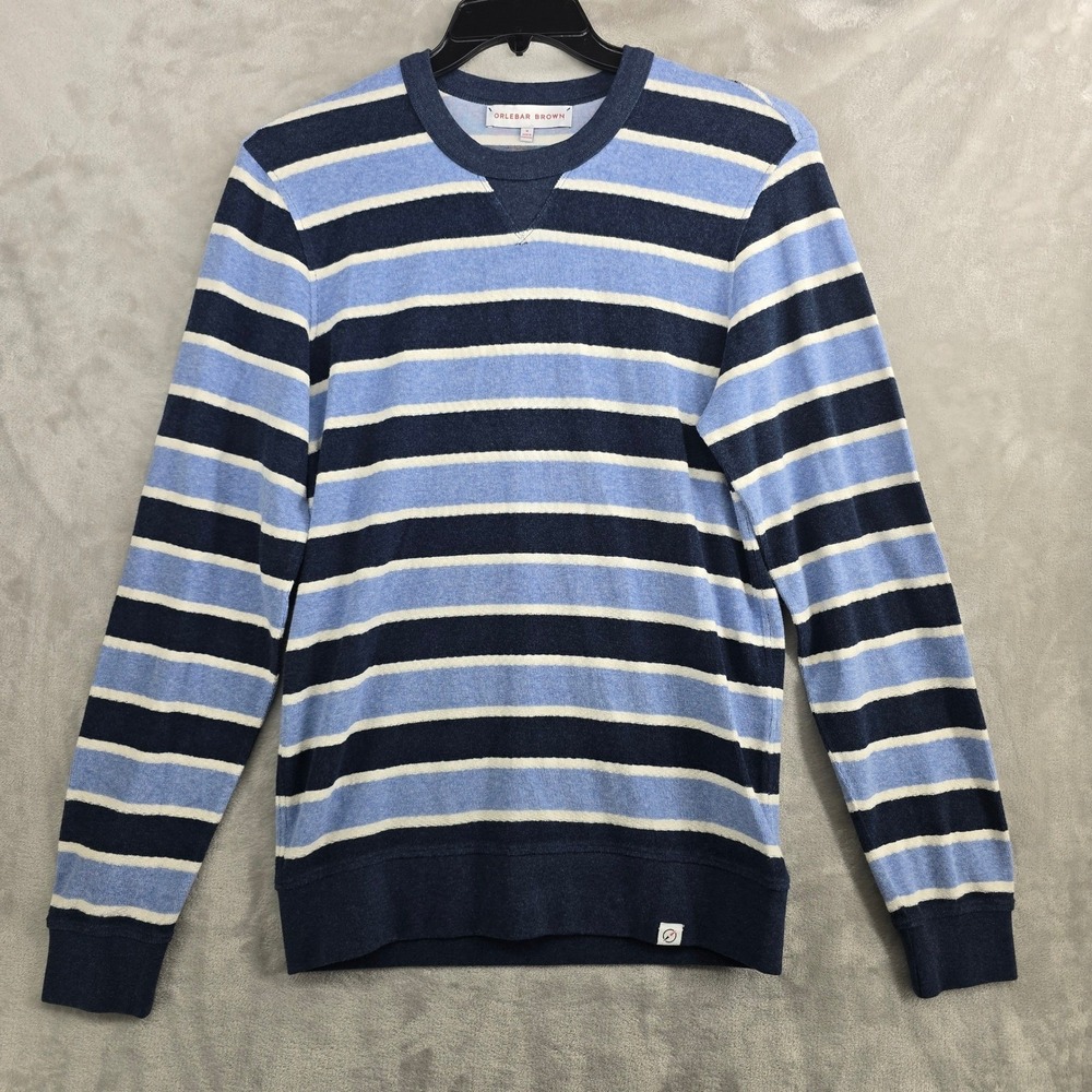 ORLEBAR BROWN‎ Mens Medium Blue Stripe Terry Cloth Crewneck Sweater Sweatshirt